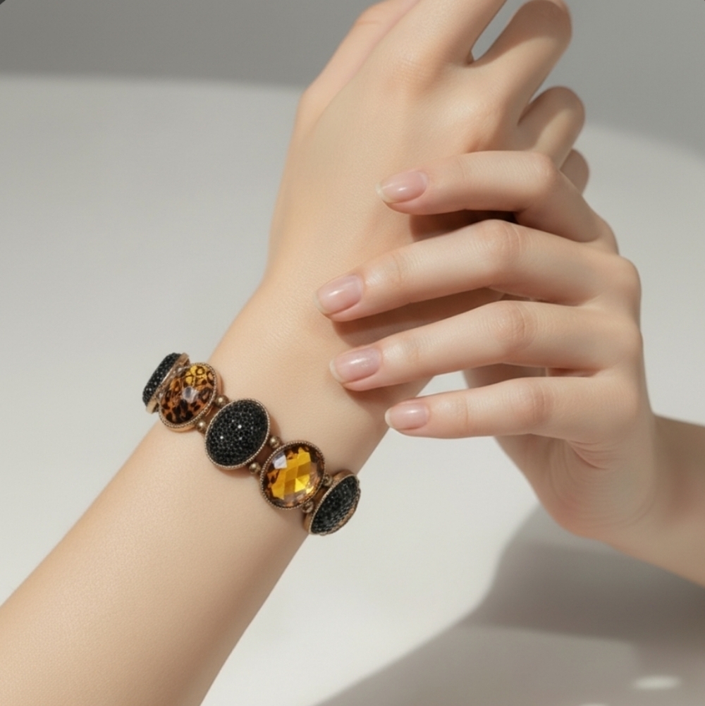 Brown Leopard and Black Druzy Style Stretch Beaded Bracelet